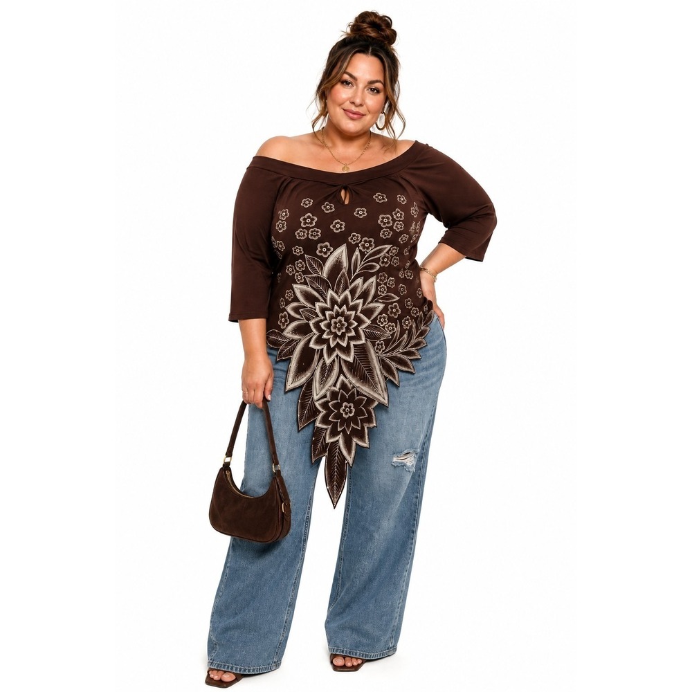 Vintage Y2K Decaf XL Brown Embellished Off Shoulder Asymmetrical Fairy Top